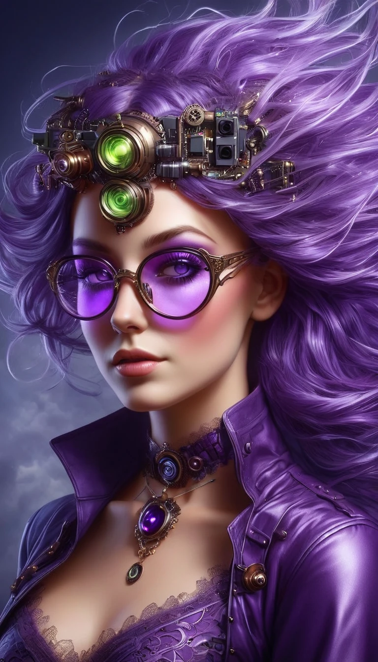 Um retrato hiper-realista de uma mulher sublime, feliz e radiante, usando óculos, mulher com cabelo roxo iridescente escuro muito escuro_longo e muito detalhado, ((cheveux couleur violet irisé foncé électrique)), usando um vestido de renda feito com componentes eletrônicos de tecnologia de circuitos e acessórios steampunk, (tenue branco), ambientado em uma cidade de estilo vitoriano com elementos mecânicos,  push-up no peito decotado , olhar intenso e sensual , corpo esguio, Pose dinâmica