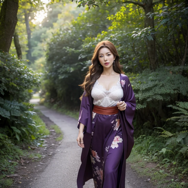 a mature woman, wearing a purple kimono with floral designs, brown hair, long hair, brown eyes, big breasts, exposed breasts, walking outside a wooden house in a forest, trees in the background , with fantasy aesthetics, at night, with fireflies,.UHD, masterpiece, accurate, anatomically correct, textured skin, super detail, high quality, best quality, 8k, high resolution, bokeh effect. (woman alone)
