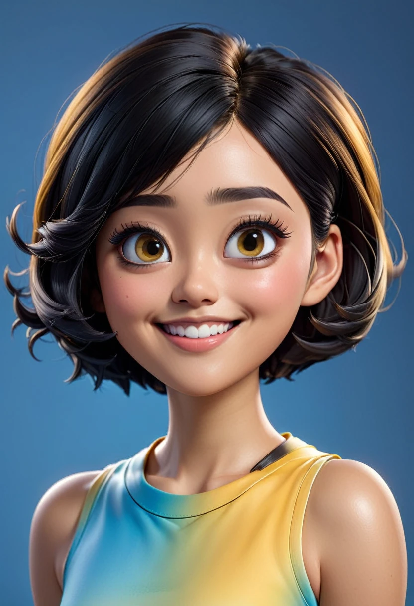 Create a 3D animation of a cartoon caricature with a big head. a beautiful 19 year old Indonesian woman. She has short black pixie cut hair. His face is oval with smooth lines, thick and neat black eyebrows, normal eyes, a small, sharp nose, and thin lips with a wide, friendly smile. He wore a yellow tank top. Gradient blue background with professional lighting. masterpiece, top quality, highly detailed skin and face, ultra-realistic, high definition, studio lighting, sharp focus, 2/3 body angle, Concept Art, 3D rendering.