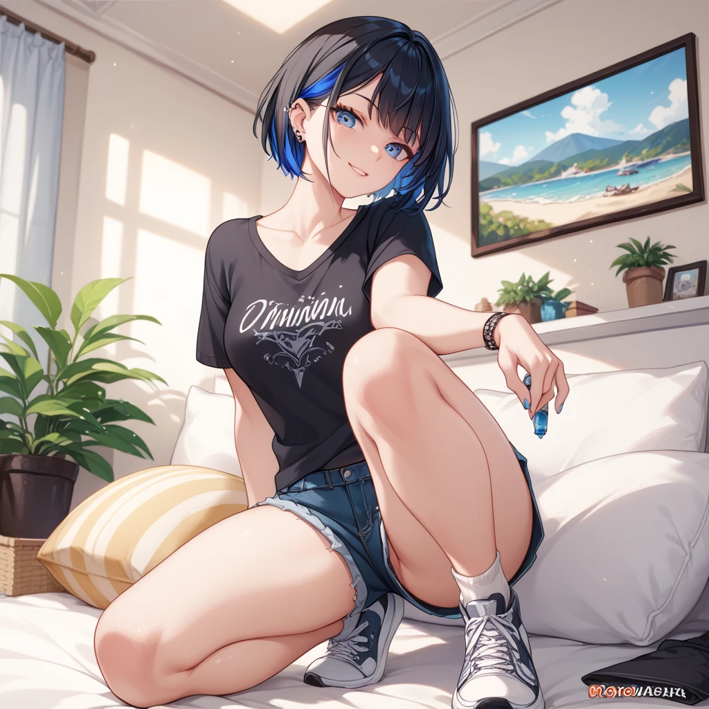 high quality,Black Hair、、short hair、Blue inner hair color mesh、Piercings in both ears、Neutral Facial Features、Wear a black T-shirt、Sit on one knee