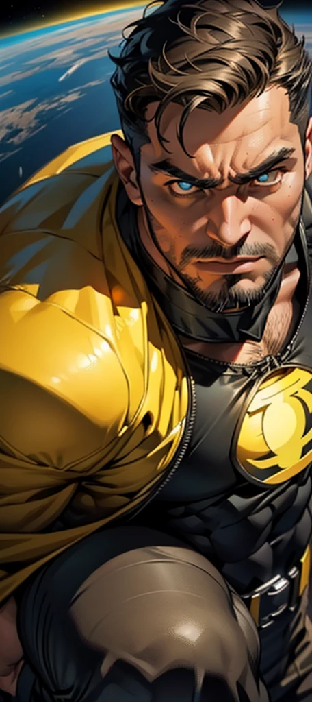 An award-winning original photo，A wild muscular man, (30 years old man:1.3), 1boy, Solo, (wearing a (yellow lantern) metal suit), (yellow ring on a finger), spikes, neon stripes, black hair, (big shoulder), muscular, hunk, stubbles, Short beard, (Detailed face:1.3), (beautiful eyes:1.2), really angry, Dynamic Angle, volumetric lighting, (Best quality, A high resolution, Photorealistic), Cinematic lighting, Masterpiece, RAW photo, Intricate details, hdr, depth of field, knee-up shot, in space background