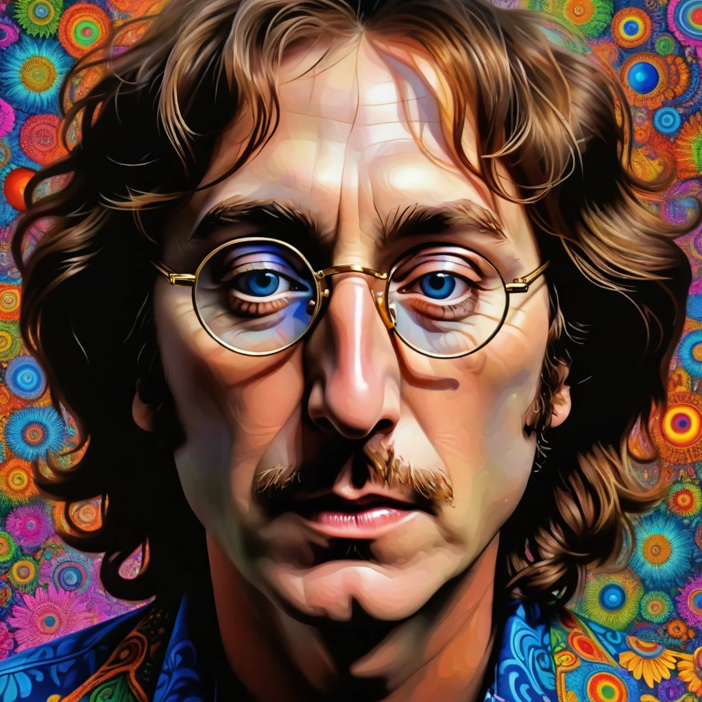 a Retrato of john lennon, Gafas redondas, arte psicodélico, cara detallada, hermosos ojos detallados, hermosos labios detallados, ojos y rostro extremadamente detallados, Pestañas largas, Retrato, arte digital, Colores vibrantes, surreal, detalles intrincados, composición dinámica, iluminación dramática, fondo abstracto, alucinante, Visionario, trippy, trascendente, mesmerizing, cautivador, mejor calidad, 8K, alta resolución, obra maestra, ultra detallado, Realista, photoRealista