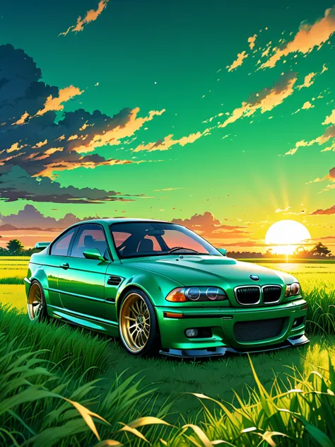 anime landscape of A pearl bottle green classic BMW M3 E46 sport sits in a field of tall grass with a sunset in the background.b...