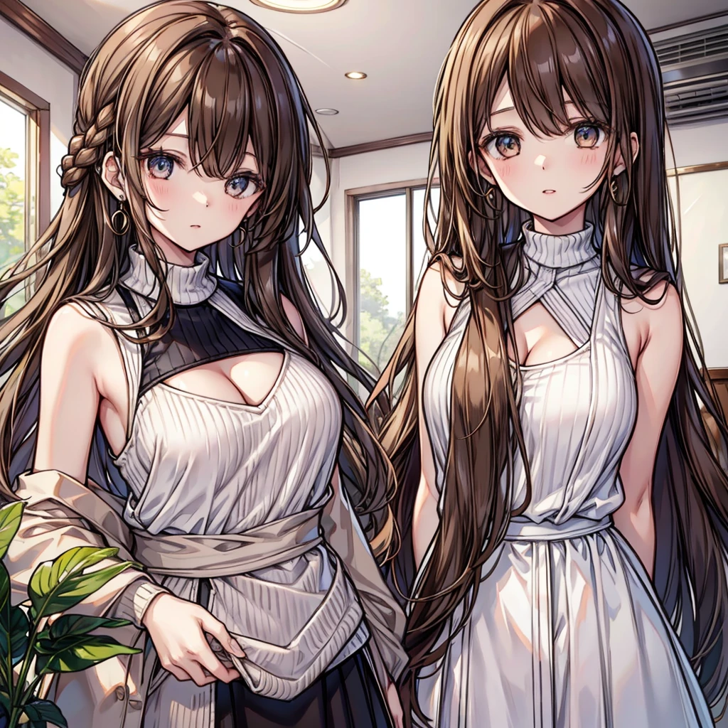 masterpiece, Highest quality, One girl,Brown Hair、From the waist up、Brown nits、Brown sleeveless knit、20-year-old woman、Long Hair、Chest cutout、Cleavage、Earringole under the eye