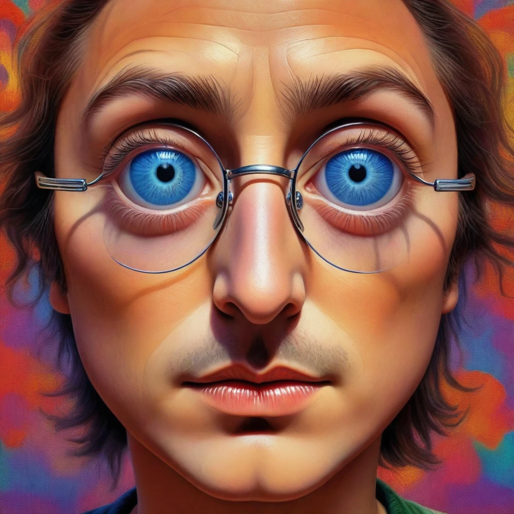 a Retrato of john lennon, Gafas redondas, arte psicodélico, cara detallada, hermosos ojos detallados, hermosos labios detallados, ojos y rostro extremadamente detallados, Pestañas largas, Retrato, arte digital, Colores vibrantes, surreal, detalles intrincados, composición dinámica, iluminación dramática, fondo abstracto, alucinante, Visionario, trippy, trascendente, mesmerizing, cautivador, mejor calidad, 8K, alta resolución, obra maestra, ultra detallado, Realista, photoRealista