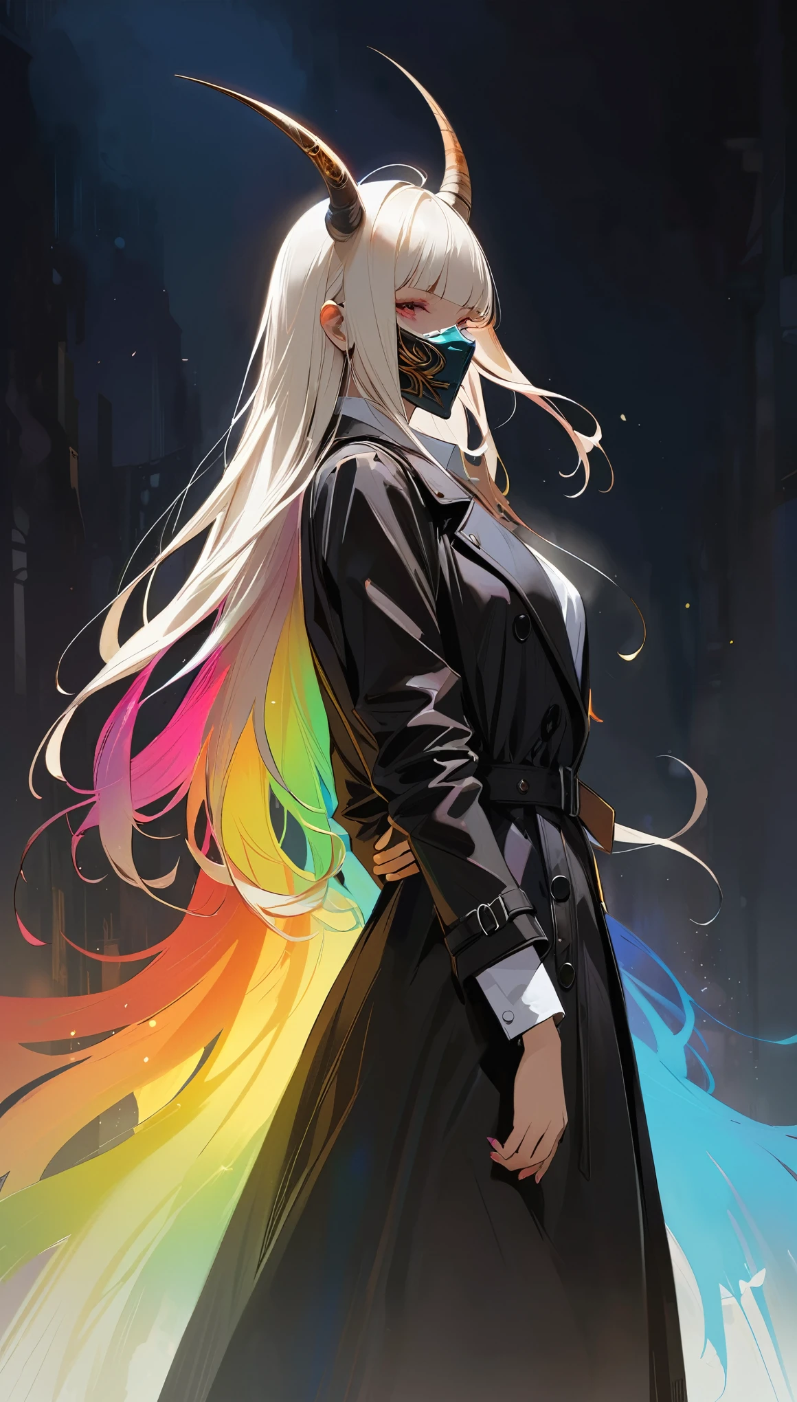 in style of Ashley Wood,in style of Santiago Caruso,
((masterpiece, best quality)),(illustration),(detailedLight),((Extremely exquisite and beautiful)),1 Girl,Black long trench coat,White shirt,Long hair,Silver long hair,Dark shadows,oni_mask, colorful，rainbow color,