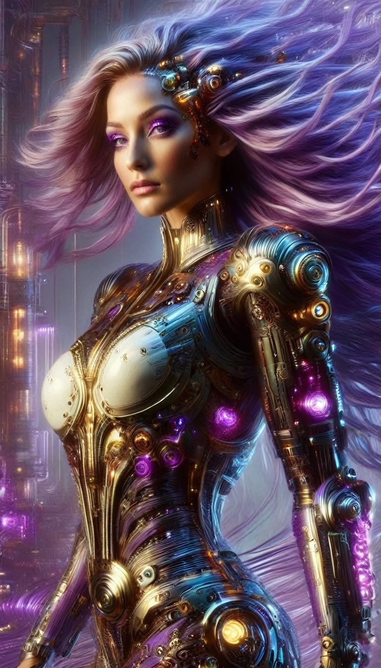 Un retrato hiperrealista de un cyborg sublime, feliz y radiante , cyborg aux cheveux couleur violet irisé sombre foncé très_long et très détaillés, ((Color de cabello morado iridiscente oscuro eléctrico)), usando un vestido de encaje hecho de componentes electrónicos y accesorios de circuitrytech DonMSt34mPXL, (tenue blanche), situé dans une ville futuriste avec des éléments mécaniques,  escote realzador de senos , regard intense et sensuel , corps élancé, pose dinámica