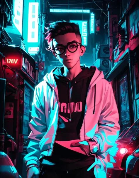 a striking cyberpunk-inspired portrait of a young man wearing a bright neon-colored pair of glasses and a hoodie. the lighting i...