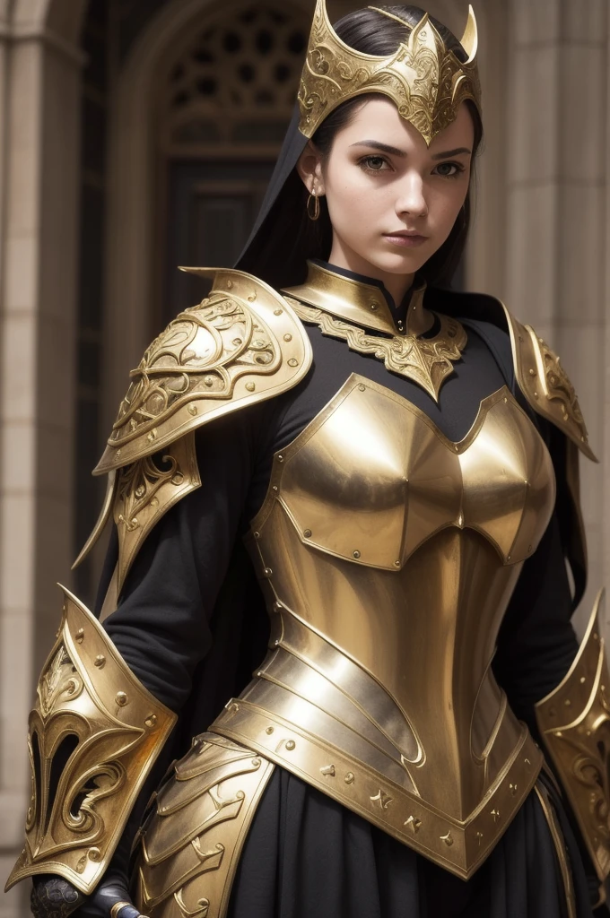 a close up of a woman in armor with a sword, stunning armor, wearing fantasy armor, very stylish fantasy armor, gold heavy armor. dramatic, beautiful armor, fantasy armor, black and gold armor, gothic armor, wearing ornate armor, intricate armour costumes, female armor, ornate gothic armor, ornate , wearing louis vuitton armor, girl in knight armor