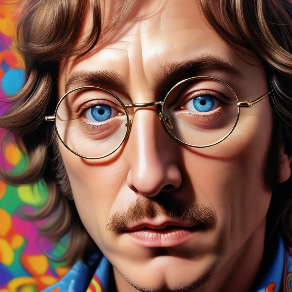 a Retrato of john lennon, Gafas redondas, arte psicodélico, cara detallada, hermosos ojos detallados, hermosos labios detallados, ojos y rostro extremadamente detallados, Pestañas largas, Retrato, arte digital, Colores vibrantes, surreal, detalles intrincados, composición dinámica, iluminación dramática, fondo abstracto, alucinante, Visionario, trippy, trascendente, mesmerizing, cautivador, mejor calidad, 8K, alta resolución, obra maestra, ultra detallado, Realista, photoRealista