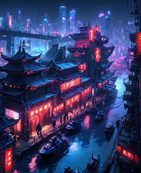 cybercity, (blue:1.3)，（red:1.4）,(harbor:1.3), (ship:1.2),  neon lights, scenery, chinese_building, outdoors, road, night, sign, ...