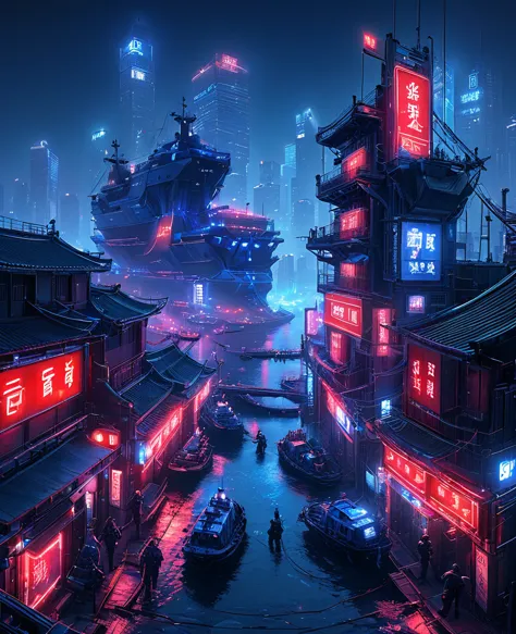 cybercity, (blue:1.3)，（red:1.4）,(harbor:1.3), (ship:1.2),  neon lights, scenery, chinese_building, outdoors, road, night, sign, ...