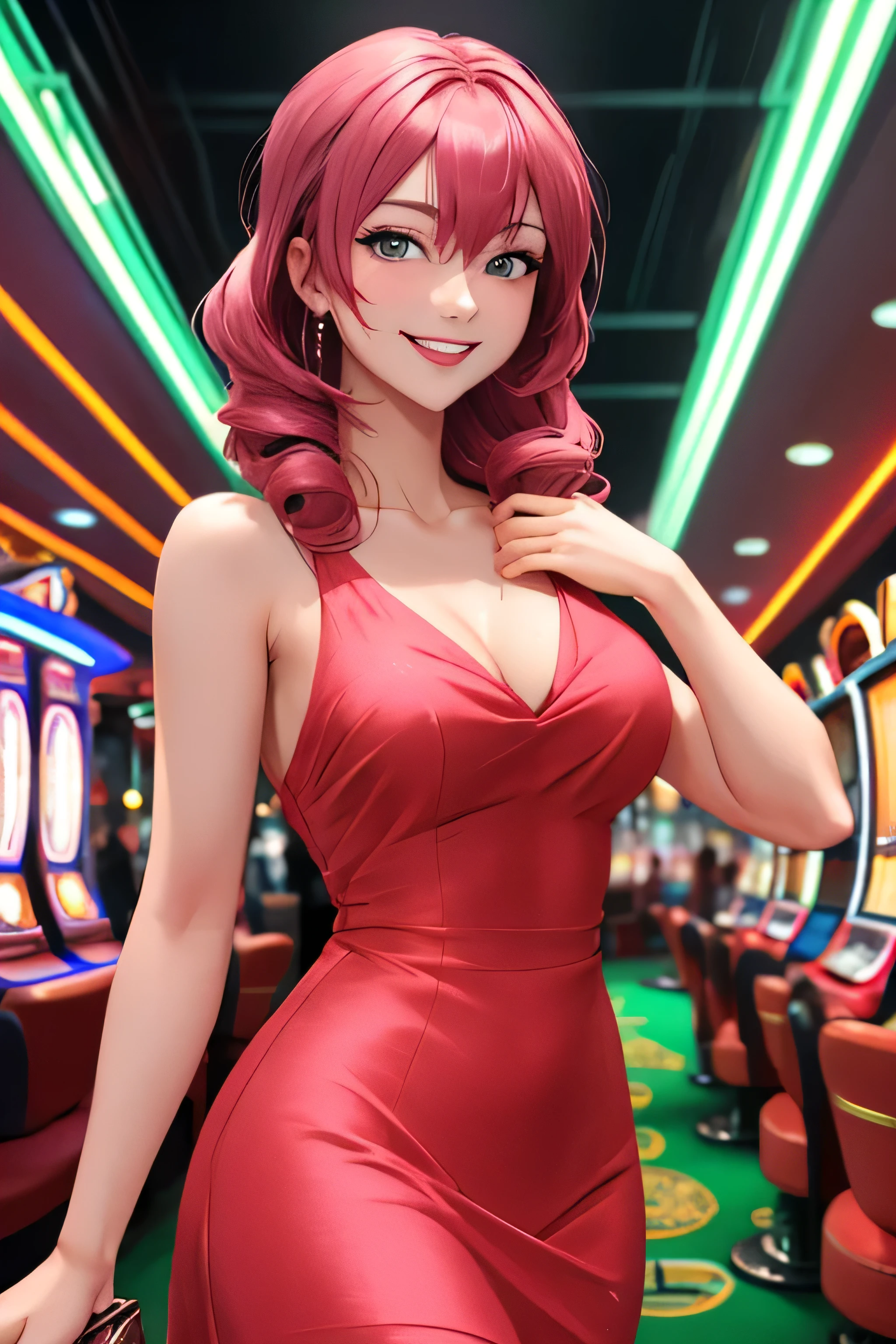 Masterpiece, best quality, 1 dealer girl, alone, look at viewer, chest, mature woman, collarbone, Random hairstyle and hair color,cyberpunk, neon light, In the building, Casino, Random dress, depth of field, Extremely happy expression, Gives you the feeling of winning a big prize., Big smile,