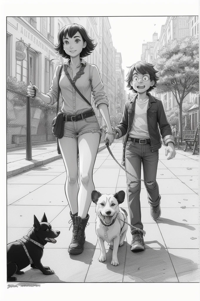 cartoon drawing of two dogs on a leash in a park, animated disney movie inking, published concept art, stylized linework, black and white illustration, official illustration, whole page illustration, by Istvan Banyai, concept art for a video game, by Maksimilijan Vanka, colorkey scene, game illustration, cartoon concept art