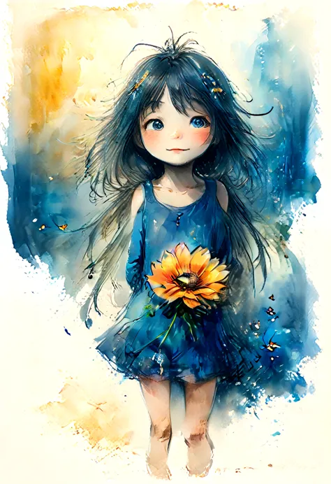 vintage watercolor drawing, a little anime girl holding a large vibrant flower to her chest. ao redor, there are smaller flowers...