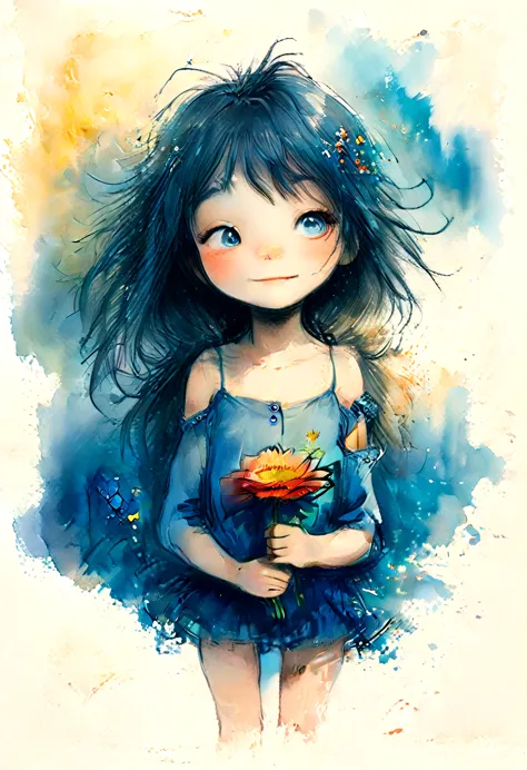 vintage watercolor drawing, a little anime girl holding a large vibrant flower to her chest. ao redor, there are smaller flowers...