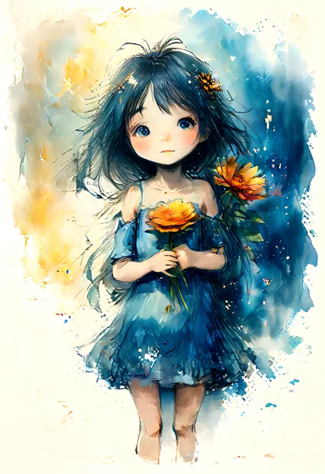 vintage watercolor drawing, a little anime girl holding a large vibrant flower to her chest. ao redor, there are smaller flowers...