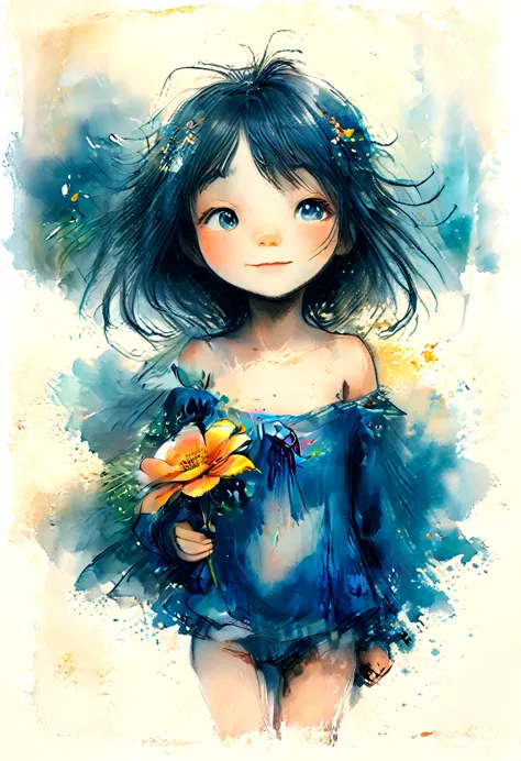 vintage watercolor drawing, a little anime girl holding a large vibrant flower to her chest. ao redor, there are smaller flowers...