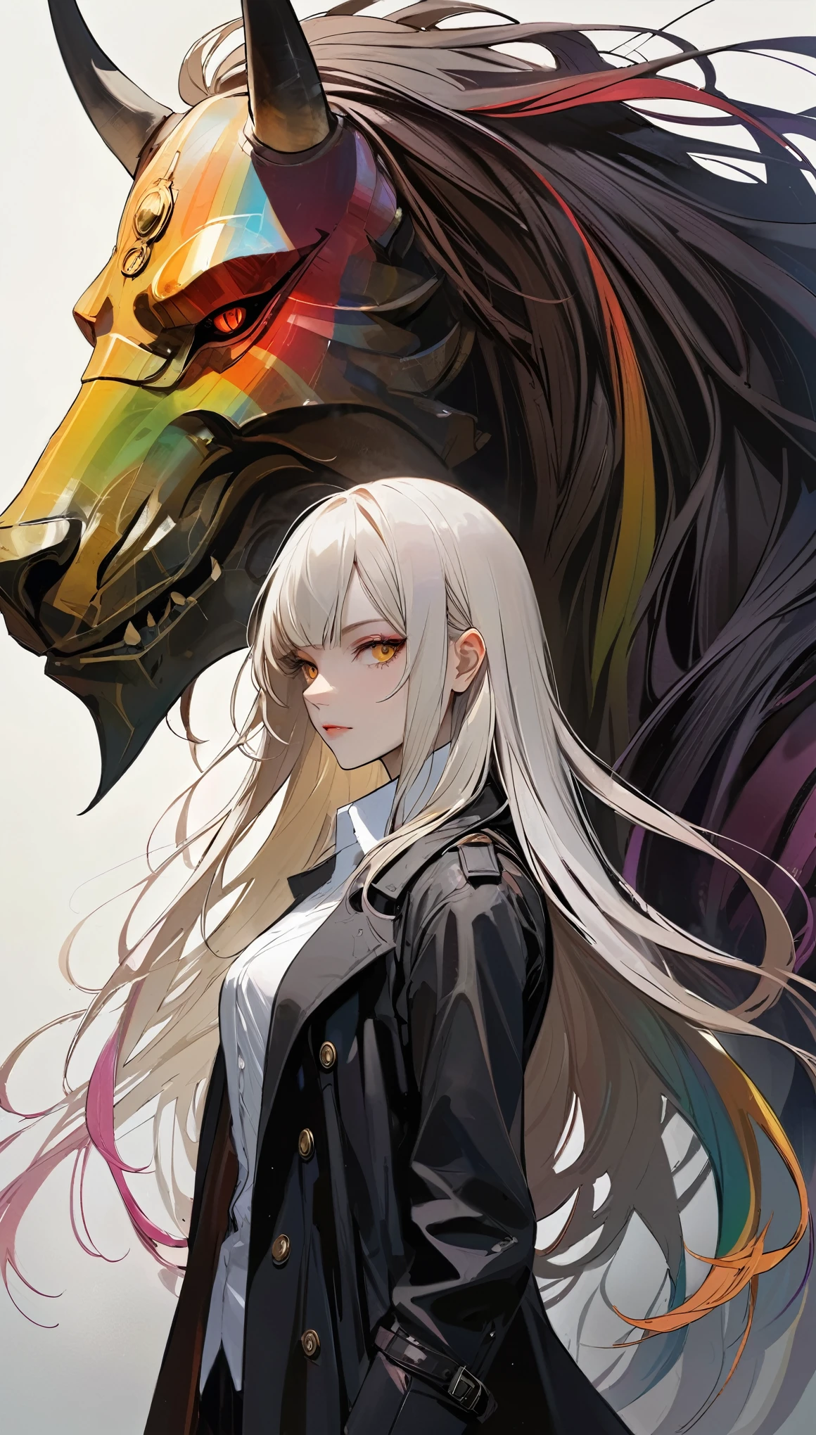 in style of Ashley Wood,in style of Santiago Caruso,
((masterpiece, best quality)),(illustration),(detailedLight),((Extremely exquisite and beautiful)),1 Girl,Black long trench coat,White shirt,Long hair,Silver long hair,Dark shadows,rainbow color, oni_mask, colorful，