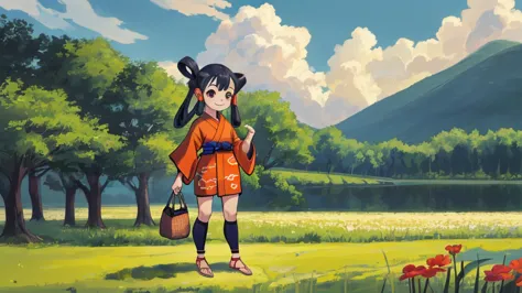 masterpiece, (little:0.9), one girl, are standing, smile, bag rr, kimono, hair ring, sandals, outdoor, field, null, cloud