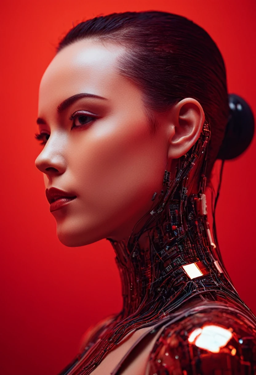 A beautiful woman with robotic features as a closeup shot of the face and neck, with circuitry on her skin, clean lines, minimal details, cyberpunk, portrayed in profile with a red background, futuristic design, in a 2D flat composition, red tones, digital art