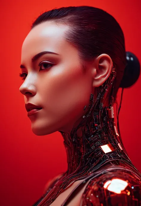 A beautiful woman with robotic features as a closeup shot of the face and neck, with circuitry on her skin, clean lines, minimal...