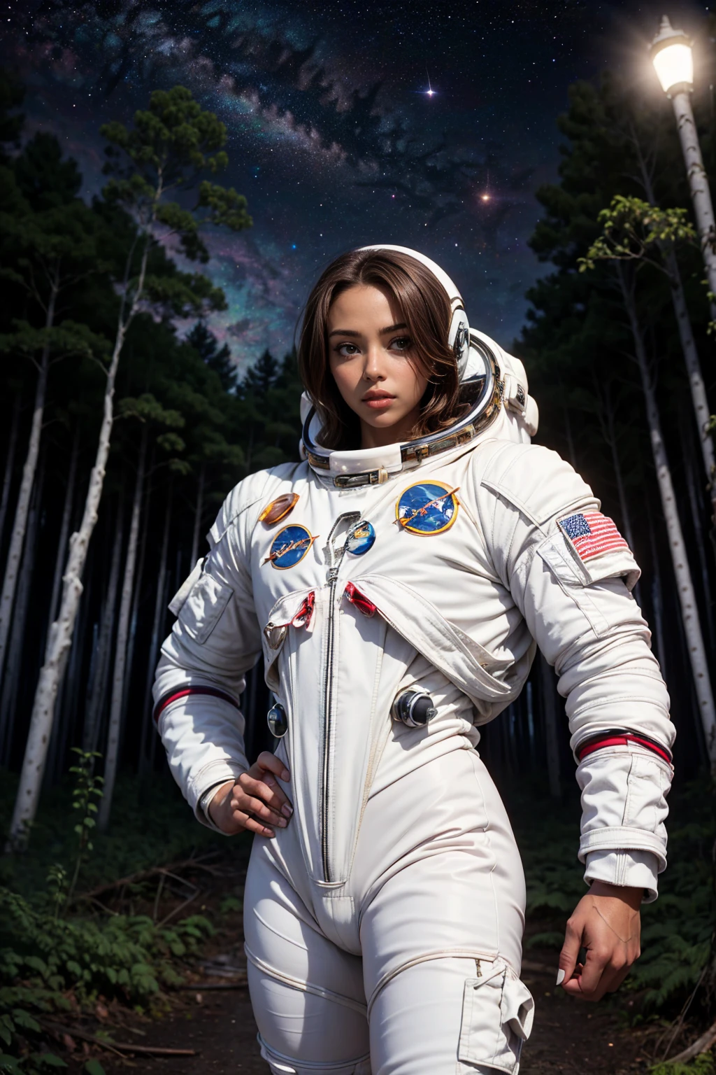 (Muscular:2), (thick thighs:1), (large round breasts:0.5), (large muscular chest and shoulders:1.5), FEMALE, brown hair, long brown hair, (big smile:0), (wearing a white spacesuit:1.5), looking at viewer, (three quarter view:1.2), upper body view, (derelict forest at night:1.5), dark lighting, detailed skin, detailed eyes, (dark skin:1.2), (very thin waist:1), (huge round muscles:1.5),