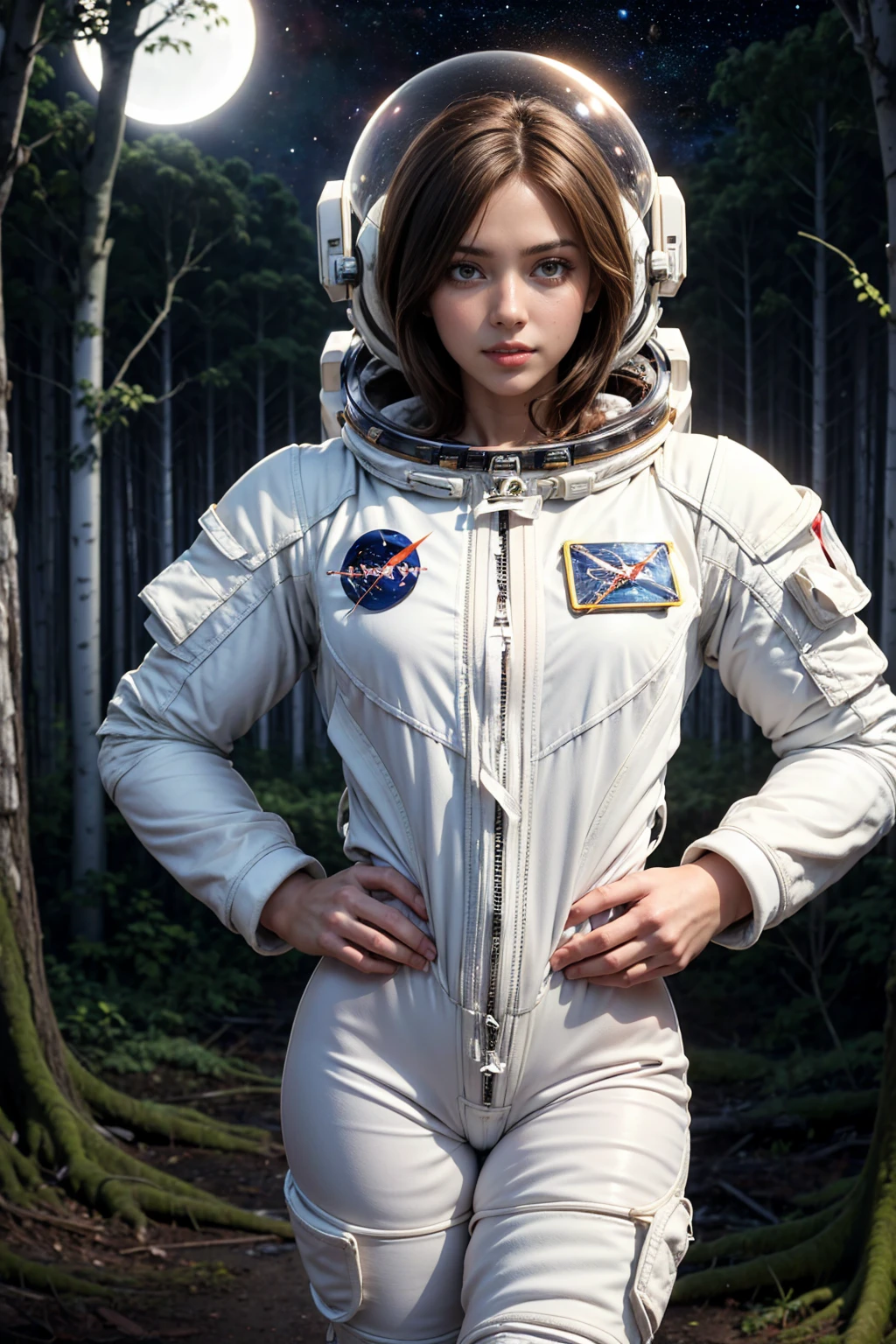 (Muscular:2), (thick thighs:1), (large round breasts:0.5), (large muscular chest and shoulders:1.5), FEMALE, brown hair, long brown hair, (big smile:0), (wearing a white spacesuit:1.5), looking at viewer, (three quarter view:1.2), upper body view, (derelict forest at night:1.5), dark lighting, detailed skin, detailed eyes, (dark skin:1.2), (very thin waist:1), (huge round muscles:1.5),