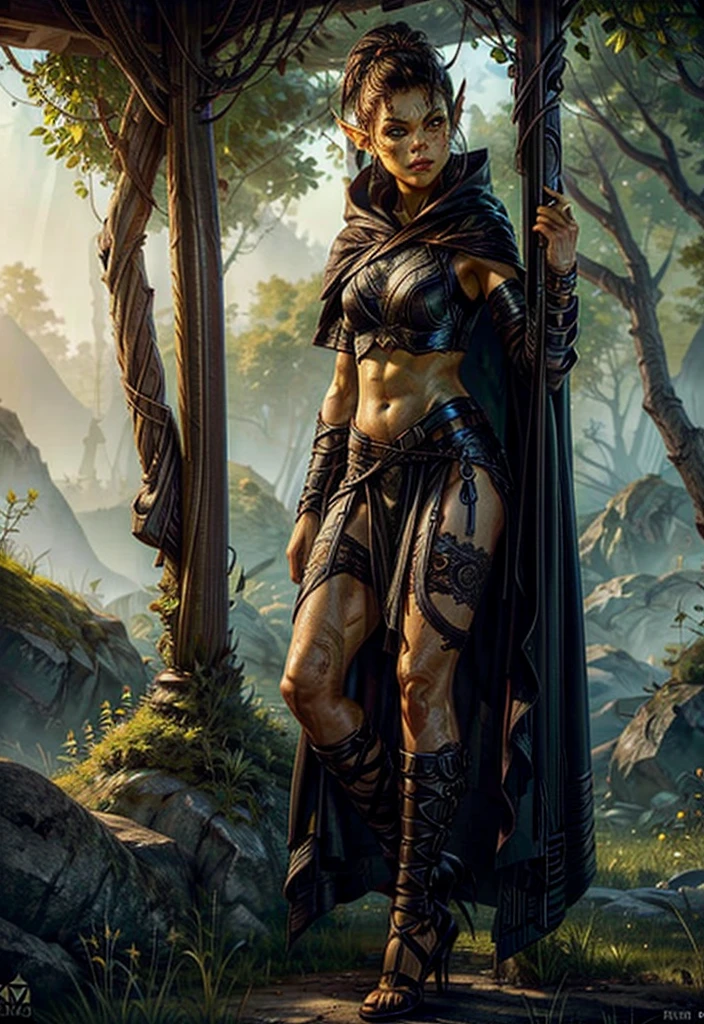 1girl, sexy githyanki, (green skin:1.22), black short hair bun, orange eyes, pointy ears, navel, midriff, black hooded cloak, black cape, garter, black belt, brown pouch, medium breasts, athletic, standing in the forest,  small river, highly detailed face and eyes, , Black high heel shoes, High heels, sunlight, midday, best quality, masterpiece, realistic, anatomically correct, stunning details, intricate details, 8k post-production, high resolution, super details, trending on ArtStation, sharp focus, depth of field f/1.8, studio photos