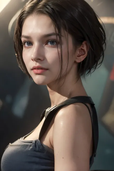 masterpiece, jill valentine, blue eyes, brown hair, long bob hair, oval face, oiled skin