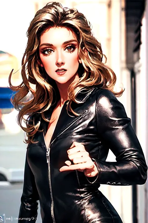 a young celine dion, 20 years old, gorgeous woman, wearing a romper and leather jacket, detailed face, striking eyes, luscious l...