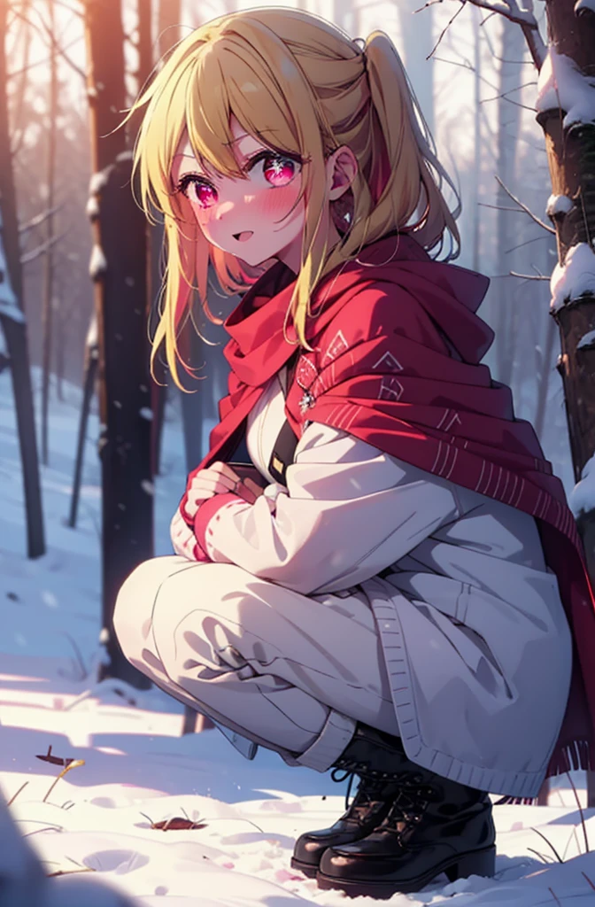 rubyhoshino, Hoshino Ruby, Long Hair, bangs, Blonde, (Pink Eyes:1.3), (Symbol-shaped pupil:1.5), Multicolored Hair, Two-tone hair, smile,blush,White Breath,
Open your mouth,snow,Ground bonfire, Outdoor, boots, snowing, From the side, wood, suitcase, Cape, Blurred, , forest, White handbag, nature,  Squat, Mouth closed, Cape, winter, Written boundary depth, Black shoes, red Cape break looking at viewer, Upper Body, whole body, break Outdoor, forest, nature, break (masterpiece:1.2), Highest quality, High resolution, unity 8k wallpaper, (shape:0.8), (Beautiful and beautiful eyes:1.6), Highly detailed face, Perfect lighting, Highly detailed CG, (Perfect hands, Perfect Anatomy),