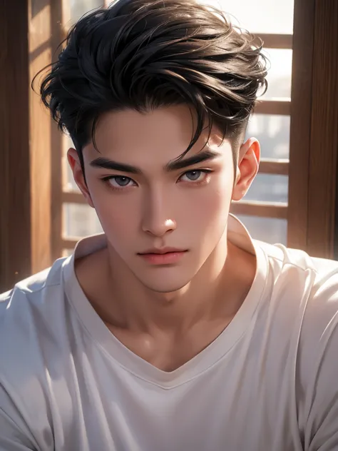 ((High quality)), ((masterpiece)), ((highly detailed)), perfect face, realistic, ((man)), ((Asian)), young, black hair, comma ha...