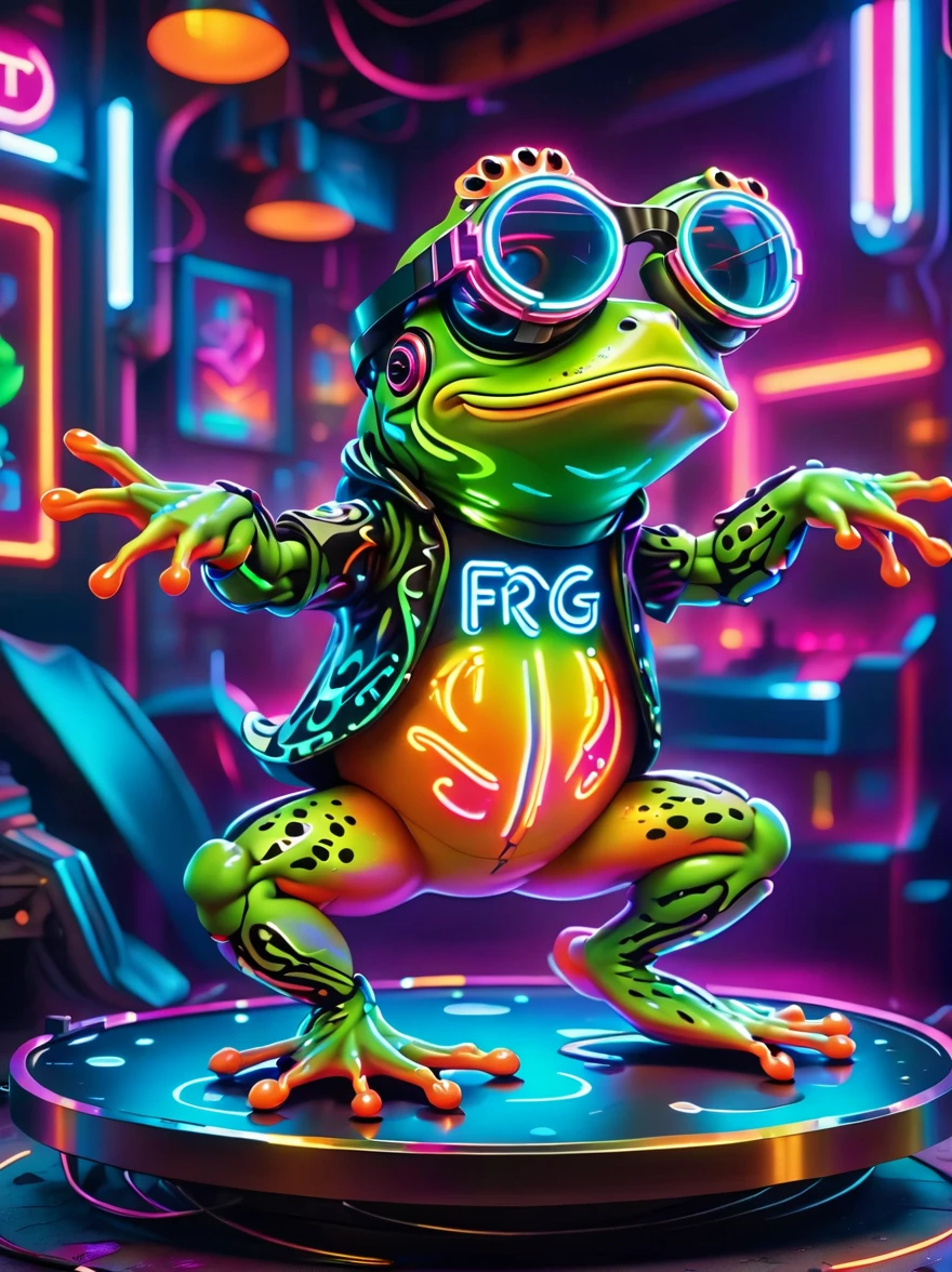 (Froschbrille:1.3)，Eine digitale Illustration eines Cartoon-Frosches in einer lebendigen virtuellen Realitätswelt, in der Neonlichter und bunte Hologramme dominieren. Inspiriert von Pop-Art und Graffiti, der Frosch zeigt eine dynamische Tanzpose. Die Szene enthält Elemente digitaler Malerei und leuchtende Effekte, die eine Atmosphäre hervorrufen, die dem Stil der Cyberpunk-Kultur mit einer explosiven Energie ähnelt