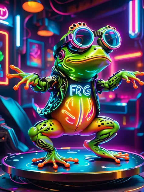 (Frog glasses:1.3)，A digital illustration of a cartoon frog in a vibrant virtual reality world where neon lights and colorful ho...