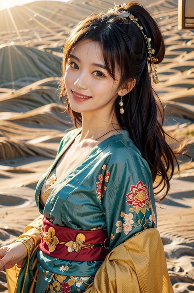햇빛이 비치는 사막에서 기모노를 입고 웃고 있는 아름다운 여인
