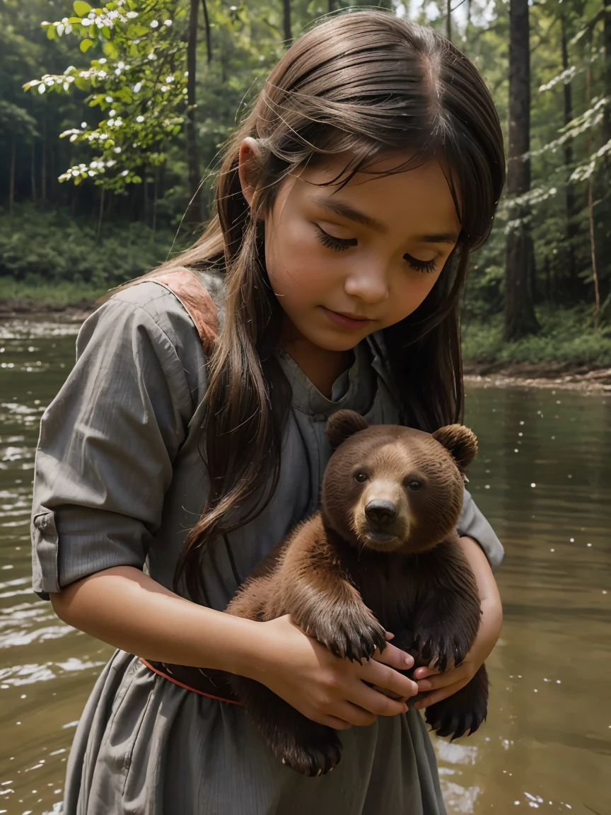 (Best quality), girl about 11 years old, close-up, In the woods, on riverside, hut, girl in a short gray dress, Ancient Style, there are two live bear cubs on the shore, noon, Beautiful landscape, without headdress, girl plays with live bear cubs