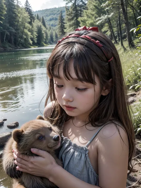 (best quality), girl about 11 years old, close-up, in the woods, on riverside, hut, girl in a short gray dress, ancient style, t...