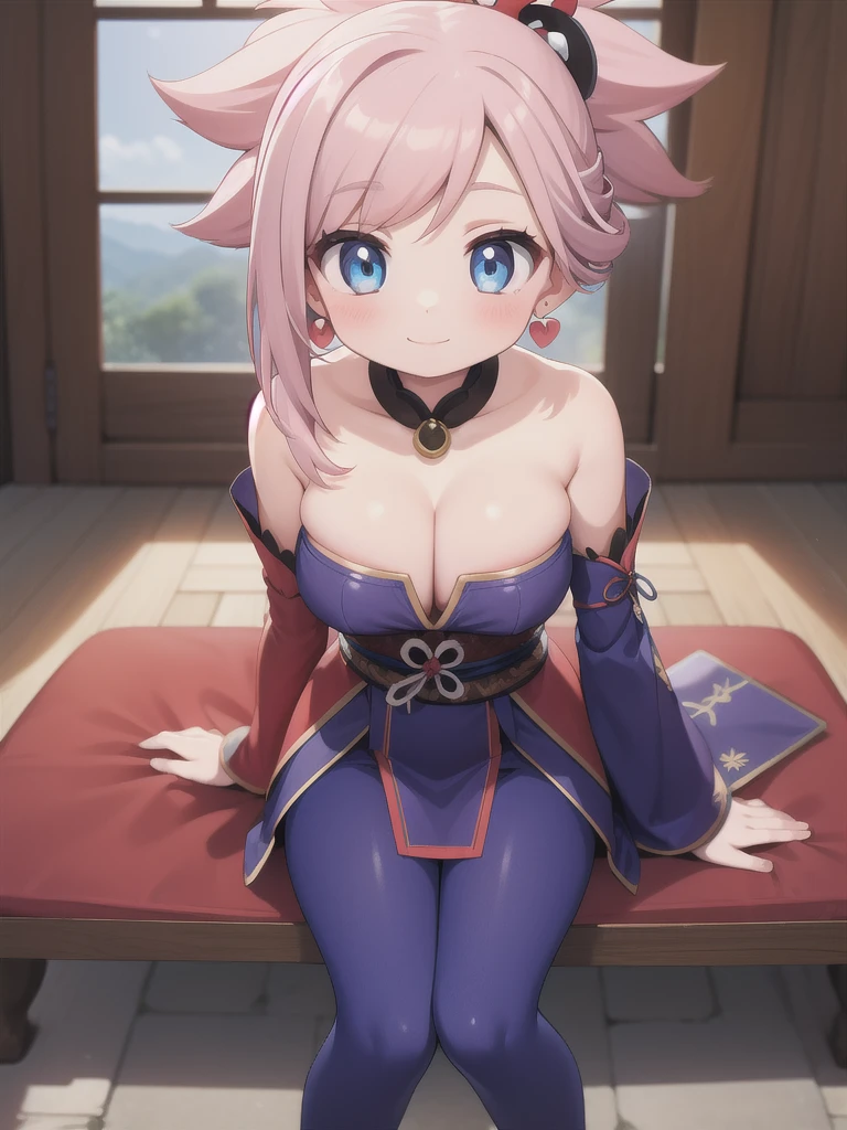 master-piece, bestquality, 1girls,, View viewers from the up, sit down, leaning forward, horny, HD, slight smile, big , cleavage, tights cloth, heart shape pupille, tiny body, bare shoulders, detached sleeves, elbow sleeve, miyamoto musashi, asymmetrical hair, blue eyes, earrings, hair ornament, pink hair, ponytail, sidelocks,