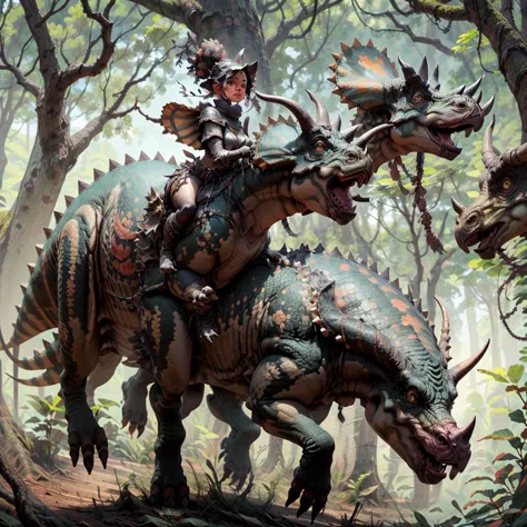 masterpiece, best quality,
girl riding a triceratops, human face, leather armor, riding monster, (detailed lush jungle backgroun...
