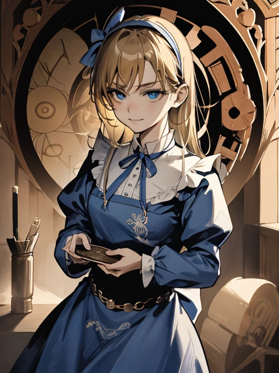 masterpiece, Highest quality, Very detailed, 16K, Ultra-high resolution, Cowboy Shot, Alice in Wonderland, (art nouveau:1.3), 10-year-old girl, Detailed face, smile, blue eyes,Blonde, Long Hair, Ribbon on head, Blue clothes, White apron, 大きなclockのある部屋で, clock, 壁clock, Music Box