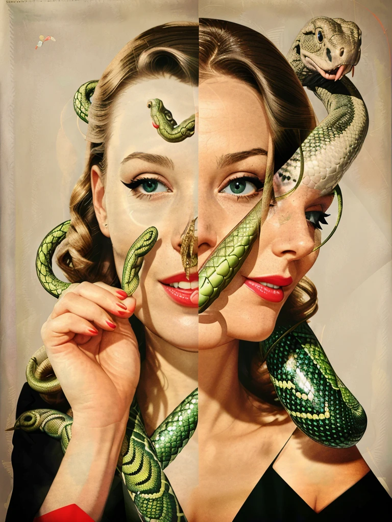 a collage of a woman's face with a Snake in the background