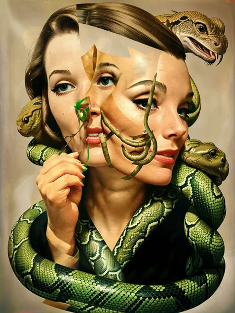 a collage of a woman's face with a snake in the background