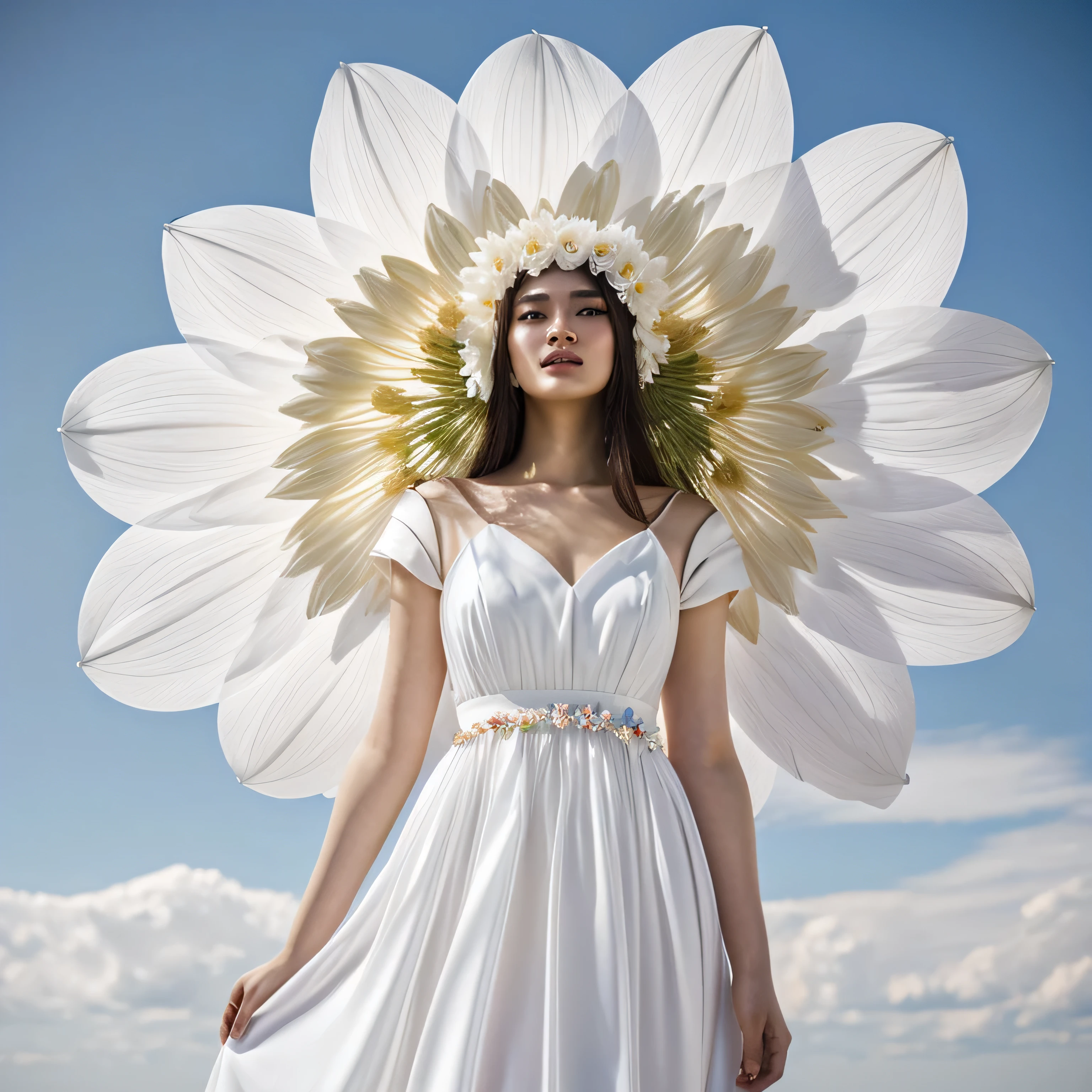 Wearing a white dress、Arafi woman wearing a big flower on her head, fine art fashion photography, high fashion photography, bloom. alta fantasia, jingna zhang, author：Russell Dongjun Lu, photographyalexey gurylev, Giant flower, photographyalexey kurylev, Surreal Waizi Flowers, fashion photography, Award-winning fashion photos, Flower Goddess