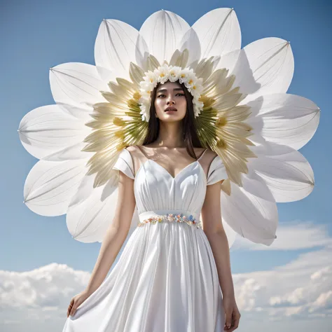 Wearing a white dress、Arafi woman wearing a big flower on her head, fine art fashion photography, high fashion photography, bloo...