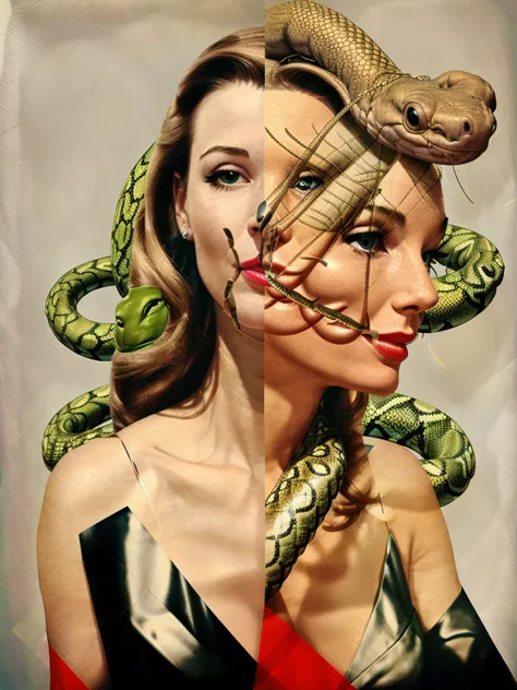 a collage of a woman's face with a snake in the background