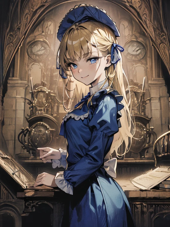 masterpiece, Highest quality, Very detailed, 16K, Ultra-high resolution, Cowboy Shot, Alice in Wonderland, (art nouveau:1.3), 10-year-old girl, Detailed face, smile, blue eyes,Blonde, Long Hair, Ribbon on head, Blue clothes, White apron, In a room with a big clock