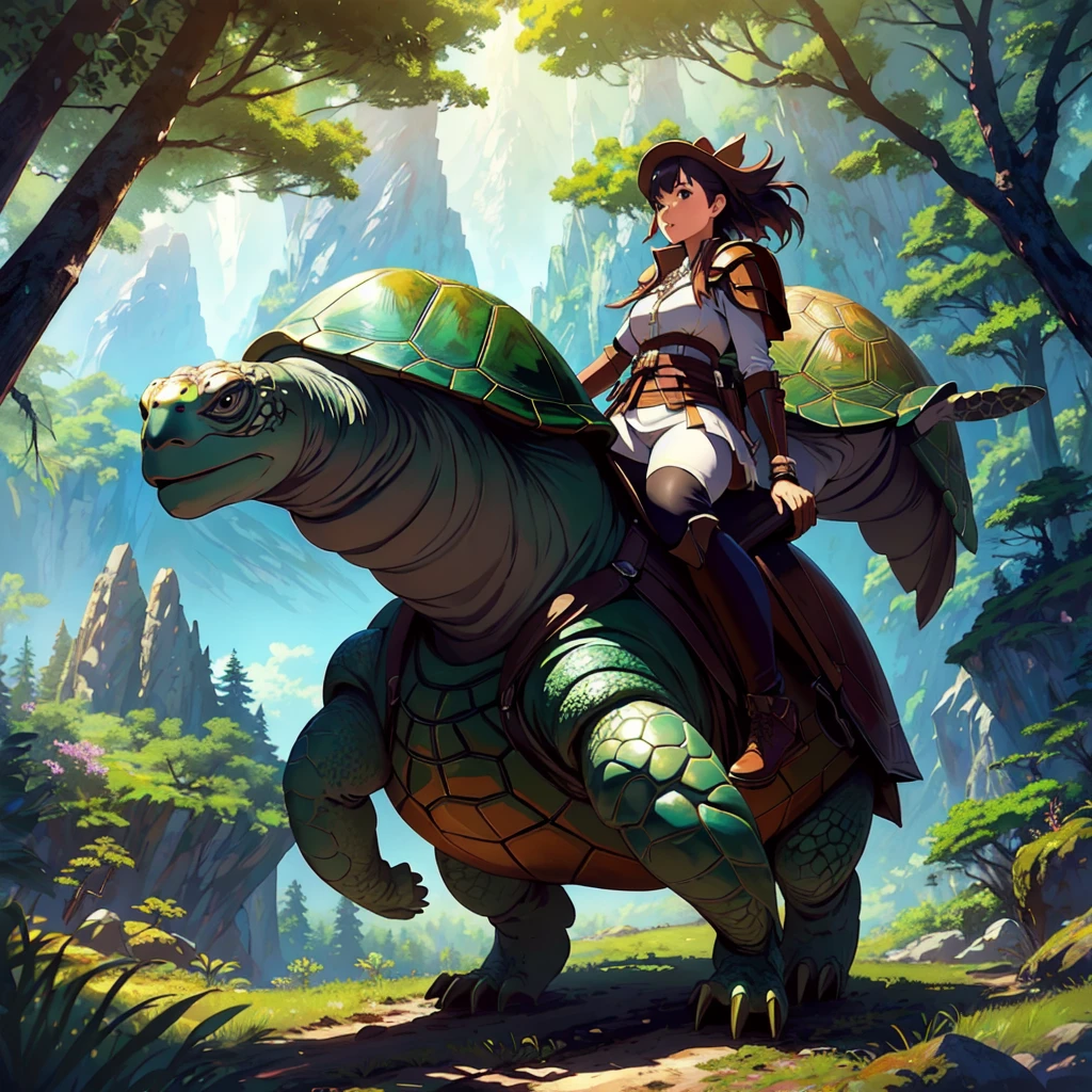 masterpiece, fantasy, best quality, anime style, wide-angle, full body shot, front view, beautiful_woman, in explorer_outfit, riding on the back of a giant_turtle, forest and mountians in background, natural lighting, soft lighting, (featured on pixiv:1.25), trending on artstation, precise line-art,  