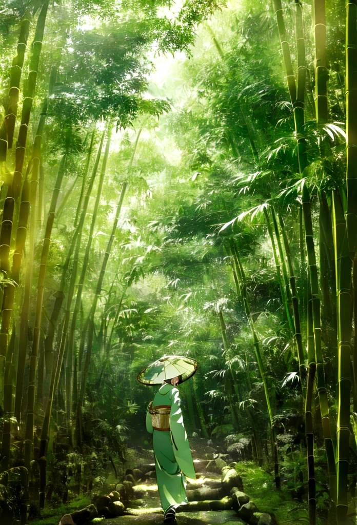 "(best quality,highres,masterpiece:1.2), working ofice ,serene bamboo forest,bamboo leaves gently falling in the wind,beautiful girl in kimono, holding umbrella, walking away from camera, full body wallpaper for mobile. from behind