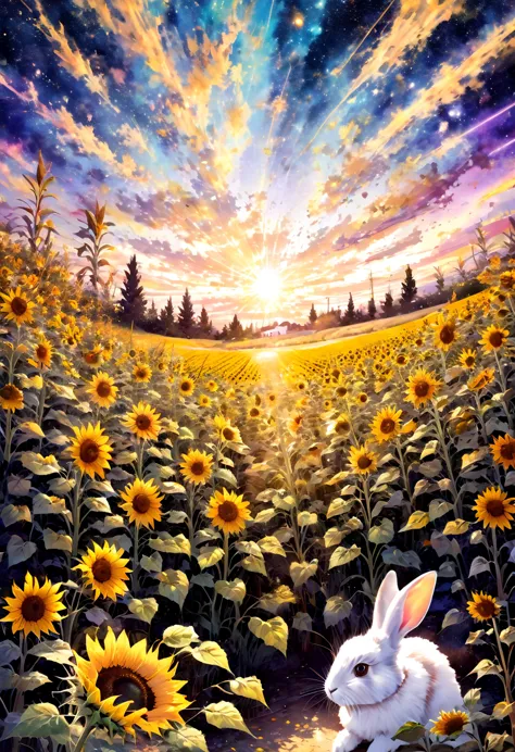 rabbit, sunflower, Sunflower fields all around, masterpiece, best quality, hyper detailed, insanely detailed, Full-HD, 16K, absu...